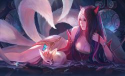 Rule 34 | 1girl, ahri (league of legends), animal ears, bare legs, breasts, brown hair, chenbo, cleavage, dress, fox, fox ears, fox tail, hanging breasts, highres, league of legends, legs, long hair, looking back, lying, multicolored hair, multiple tails, on side, pink hair, red dress, signature, solo, tail, two-tone hair, very long hair, wallpaper
