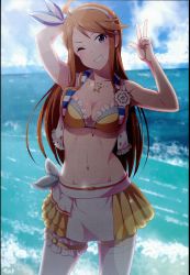 Rule 34 | 10s, 1girl, absurdres, ahoge, arm behind head, backlighting, bikini, bikini top only, blue eyes, breasts, bridal garter, brooch, brown hair, buttons, cleavage, cowboy shot, cropped vest, day, frilled bikini, frills, glint, grin, hair ribbon, hairband, head tilt, highres, horizon, idolmaster, idolmaster million live!, jewelry, kabayaki unagi, lens flare, long hair, looking at viewer, medium breasts, miniskirt, navel, necklace, non-web source, ocean, one eye closed, open mouth, outdoors, parted bangs, ribbon, scan, scan artifacts, skirt, sky, smile, solo, star (symbol), star necklace, sunlight, swimsuit, thighhighs, tokoro megumi, vest, w, white thighhighs, zettai ryouiki