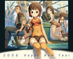 Rule 34 | 00s, 1boy, 2006, 3girls, bird, breasts, brown eyes, brown hair, child, cleavage, duck, from behind, hug, leaning forward, looking back, medium breasts, multiple girls, new year, original, short hair, shorts, sitting, small breasts, smile, syzluna, thighhighs, tougetsu gou, zettai ryouiki