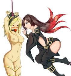 Rule 34 | 2girls, absurdres, arms up, ball gag, bdsm, black hair, blonde hair, blue eyes, blush, bondage, bound, bound wrists, breasts, clothed female nude female, crow (gravity daze), female focus, femdom, gag, gravity daze, headband, highres, kitten (gravity daze), midair, multiple girls, nipples, nude, pussy, red eyes, red hair, uncensored, yuri