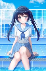 Rule 34 | 1girl, absurdres, ahoge, black hair, blue neckwear, blue sailor collar, blue skirt, blue sky, building, city, cityscape, closed mouth, cloud, collarbone, day, grey eyes, hair between eyes, highres, knees together feet apart, long hair, looking at viewer, original, outdoors, pleated skirt, pool, poolside, railing, rooftop, sailor collar, school uniform, serafuku, shirt, short sleeves, sitting, skirt, sky, smile, solo, thighs, twintails, twitter username, where (whereverer), white shirt