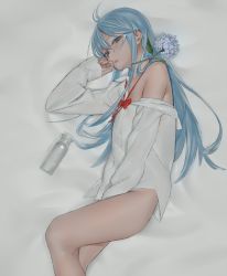 Rule 34 | 1girl, blue eyes, blue hair, bottle, bottomless, commentary request, denpa onna to seishun otoko, flower, long hair, looking at viewer, mi8pq, naked shirt, no pants, off shoulder, shirt, sitting, smile, solo, touwa erio