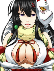 Rule 34 | 1girl, areola slip, bad id, bad pixiv id, bare shoulders, black hair, breasts, center opening, cleavage, fox mask, kosuke (bb), large breasts, long hair, mask, mochizuki chiyome, parted lips, purple eyes, sengoku taisen, simple background, solo, white background