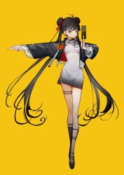 Rule 34 | 1girl, ahoge, belt, black hair, black nails, braid, braided bun, china dress, chinese clothes, double bun, dress, earrings, gradient dress, hair bun, hair spread out, highres, holding, jewelry, long hair, looking at viewer, original, outstretched arm, pointing, pointing to the side, red eyes, side slit, simple background, single thighhigh, solo, standing, talisman, thigh belt, thigh strap, thighhighs, white thighhighs, yamakawa (huangquanmonu), yellow background, yin yang, yin yang earrings