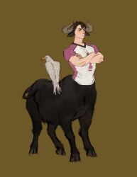 Rule 34 | 1boy, animal ears, bird, black eyes, brown background, brown hair, brown horns, centauroid, chengongzi123, closed mouth, commentary, cow boy, cow ears, cow horns, cow tail, crossed arms, full body, haikyuu!!, highres, hooves, horns, looking to the side, male focus, monster boy, monsterification, shirt, short hair, short sleeves, simple background, sportswear, standing, symbol-only commentary, t-shirt, tail, taur, ushijima wakatoshi, very short hair, volleyball uniform, water buffalo