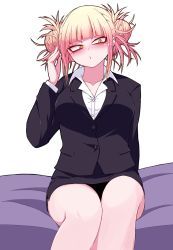 Rule 34 | 1girl, alternate costume, blonde hair, blouse, blunt bangs, blush, boku no hero academia, breasts, business suit, double bun, formal, hair bun, highres, jacket, large breasts, messy hair, okumari, shirt, simple background, sitting, skirt, solo, suit, tagme, thighs, toga himiko, white background, white shirt