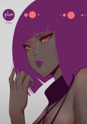 Rule 34 | 1girl, blunt bangs, bob cut, commentary, dark-skinned female, dark skin, eyelashes, grey background, lips, lipstick, looking at viewer, makeup, multicolored hair, nail polish, original, purple hair, purple lips, purple nails, red eyes, red hair, short hair, simple background, solo, tomamatto, upper body