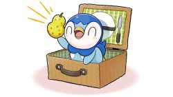Rule 34 | berry (pokemon), blush, closed eyes, commentary request, creatures (company), game freak, gen 4 pokemon, holding, lunchbox, nintendo, no humans, official art, open mouth, piplup, plaid, plate, pokemon, pokemon (creature), project pochama, sitrus berry, smile, solo, tongue, white background