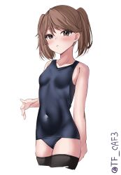Rule 34 | 1girl, :o, alternate costume, black one-piece swimsuit, black thighhighs, blush, brown eyes, brown hair, covered navel, highres, kantai collection, long hair, looking at viewer, old school swimsuit, one-piece swimsuit, ryuujou (kancolle), school swimsuit, solo, swimsuit, tf cafe, thighhighs, twintails