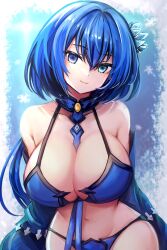 1girl absurdres bikini blue_bikini blue_hair blue_haired_girl_(nanaya_miyabi) breasts cleavage closed_mouth collarbone commentary_request commission highres izumori_(yukiasxm) jacket large_breasts looking_at_viewer navel original red_jacket skeb_commission smile solo swimsuit