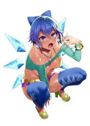 Rule 34 | 1girl, :o, aged up, alternate breast size, argyle, argyle clothes, argyle legwear, bad id, bad twitter id, bare shoulders, between fingers, between legs, bikini, bikini top only, blue eyes, blue hair, blue nails, blue thighhighs, bow, bracelet, breasts, cigarette, cirno, cleavage, commentary request, earrings, fairy wings, fingernails, full body, green footwear, gyaru, hair between eyes, hair bow, hand between legs, hand up, high heels, holding, ice, ice wings, jewelry, large breasts, long fingernails, long sleeves, long toenails, looking up, medium breasts, micro bikini, micro bikini top, microskirt, mizuryu kei, nail polish, necklace, off-shoulder shirt, off shoulder, open mouth, purple skirt, shiny skin, shirt, shoes, short hair, simple background, skirt, solo, squatting, swimsuit, thighhighs, toeless footwear, toenail polish, toenails, toes, touhou, white background, wings, yellow bikini