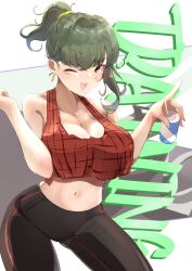 Rule 34 | 1girl, absurdres, alternate costume, alternate hairstyle, armpit crease, bare shoulders, black pants, breasts, cleavage, commentary, commentary request, cowboy shot, crop top, drink, earrings, english text, green hair, hair ornament, hair scrunchie, highres, holding, holding drink, hoop earrings, itocoh, jewelry, kazami yuuka, large breasts, midriff, navel, one eye closed, open mouth, orange eyes, pants, plaid, plaid shirt, ponytail, red shirt, scrunchie, shirt, smile, solo, stomach, sweat, touhou, yellow scrunchie, yoga pants