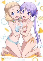 Rule 34 | 10s, 2girls, :d, absurdres, asymmetrical docking, barefoot, bikini, blonde hair, blue eyes, blush, breast press, breasts, cheek-to-cheek, cleavage, feet, full body, hair bobbles, hair ornament, hand on another&#039;s back, heads together, highres, holding hands, interlocked fingers, kikuchi ai, kneeling, long hair, multiple girls, new game!, official art, open mouth, purple eyes, purple hair, sakura nene, scan, scrunchie, short hair, smile, strap gap, suzukaze aoba, swimsuit, toes, triangle, twintails