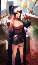 Rule 34 | 1girl, absurdres, animal ears, arknights, black coat, black hair, black shorts, breasts, caution tape, cigarette, coat, collared shirt, dress shirt, energy sword, feet out of frame, gloves, hair over one eye, hand up, highres, holding, holding cigarette, kimura gin, large breasts, long hair, long sleeves, off shoulder, official alternate costume, open clothes, open coat, ponytail, red eyes, red gloves, red shirt, shirt, shorts, solo, standing, sword, texas (arknights), texas (willpower) (arknights), thigh strap, watch, weapon, weapon behind back, wolf ears, wolf girl, wristwatch