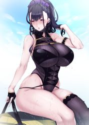 Rule 34 | 1girl, :o, alternate costume, arm strap, black hair, black one-piece swimsuit, black thighhighs, blush, breasts, cleavage, fate/grand order, fate (series), flower, gloves, gold trim, hair flower, hair ornament, hair up, hairband, hand in own hair, highres, large breasts, long hair, murasaki shikibu (fate), murasaki shikibu (swimsuit rider) (fate), murasaki shikibu (swimsuit rider) (first ascension) (fate), nakamura regura, one-piece swimsuit, open mouth, partially fingerless gloves, purple eyes, single thighhigh, sitting, solo, sweat, swimsuit, thick thighs, thighhighs, thighs, wet