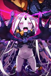 Rule 34 | 1girl, abigail williams (fate), abigail williams (third ascension) (fate), bare shoulders, black bow, black hat, black panties, blush, bow, breasts, colored skin, fate/grand order, fate (series), forehead, glowing, glowing eye, hair bow, harii (janib5kc), hat, highres, keyhole, long hair, looking at viewer, multiple bows, navel, open mouth, orange bow, outstretched arms, panties, parted bangs, polka dot, polka dot bow, red eyes, sharp teeth, small breasts, solo, teeth, thighs, third eye, underwear, white hair, white skin, witch hat
