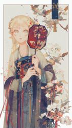 Rule 34 | 1girl, bindi, bird, blonde hair, bright pupils, chinese clothes, chinese commentary, commentary request, floral print, flower, hand fan, hanfu, highres, holding, holding fan, long hair, long sleeves, mian lang, original, parted lips, qixiong ruqun, ruqun, solo, white pupils, yellow eyes