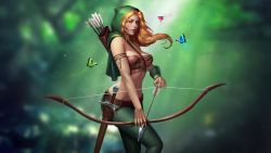 Rule 34 | 1girl, absurdres, archery, arrow (projectile), bare shoulders, between breasts, blue eyes, bow, bow (weapon), bra, bracer, breasts, bug, butterfly, cape, closed mouth, cross-laced clothes, green cape, green legwear, green pants, highres, holding, holding bow (weapon), holding weapon, hood, insect, leather, li fengyang, long hair, looking to the side, md5 mismatch, medium breasts, nature, navel, original, outdoors, pants, quiver, red hair, resolution mismatch, rope, sheath, sheathed, solo, source smaller, sword, underwear, wavy hair, weapon