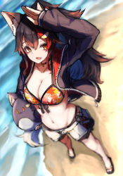 Rule 34 | 1girl, :d, absurdres, animal collar, animal ears, beach, bikini, bikini under clothes, black collar, black hair, black jacket, blurry, breasts, cleavage, collar, collarbone, depth of field, flipped hair, full body, groin, hair between eyes, highres, hololive, inre kemomimi, jacket, large breasts, long hair, looking at viewer, miochun, multicolored hair, navel, official alternate costume, ookami mio, ookami mio (hololive summer 2019), open mouth, orange bikini, print bikini, red hair, sandals, shading eyes, shorts, smile, solo, stomach, streaked hair, swimsuit, tail, tail around own leg, tail wrap, very long hair, virtual youtuber, white shorts, wolf ears, wolf girl, wolf tail, yellow eyes