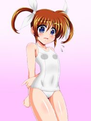Rule 34 | 1girl, arms behind back, blue eyes, breasts, brown hair, collarbone, embarrassed, flying sweatdrops, from side, gradient background, hair between eyes, legs together, long hair, lyrical nanoha, mahou shoujo lyrical nanoha, one-piece swimsuit, pink background, school swimsuit, small breasts, solo, standing, swimsuit, takamachi nanoha, thighs, twintails, white background, white one-piece swimsuit, wide-eyed, wide hips, yaeba