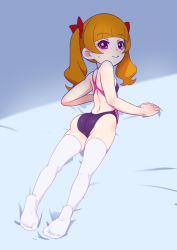 Rule 34 | 1girl, aisaki emiru, ass, backless swimsuit, bow, competition swimsuit, female focus, full body, hair bow, hugtto! precure, long hair, looking at viewer, looking back, lying, muramura hito, on stomach, one-piece swimsuit, orange hair, pink eyes, precure, soles, solo, sweatdrop, swimsuit, thighhighs, twintails, white thighhighs