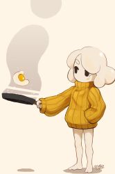 Rule 34 | 1girl, absurdres, bare legs, barefoot, black eyes, egg, egg (food), egg (lemyawn), food, frying pan, full body, hand in pocket, highres, long sleeves, medium hair, no mouth, no nose, orange sweater, original, ribbed sweater, shadow, sleeves past wrists, snoozincopter, solo, standing, sunny side up egg, sweater, twitter username, white hair