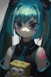 Rule 34 | 1girl, black dress, black sleeves, blush, cameo, character doll, collared dress, detached sleeves, doll, dress, flat chest, green eyes, green hair, green necktie, hatsune miku, highres, holding, holding doll, long hair, looking at viewer, necktie, short eyebrows, solo, spongebob squarepants, spongebob squarepants (series), thick eyebrows, topdylan, twintails, very long hair, vocaloid