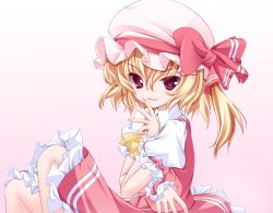 Rule 34 | 1girl, akawata, ascot, blonde hair, colorized, fang, female focus, flandre scarlet, from side, gotou nao, hair between eyes, hat, highres, long hair, mob cap, red eyes, side ponytail, skirt, skirt set, smile, solo, touhou, wata (akawata), wrist cuffs