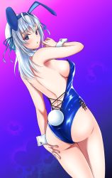 Rule 34 | 1girl, animal ears, ass, blue eyes, blue leotard, breasts, rabbit ears, rabbit tail, cowboy shot, fake animal ears, fake tail, from behind, hachiware (8ware63), highres, kantai collection, leotard, long hair, medium breasts, one side up, playboy bunny, sideboob, silver hair, solo, strapless, strapless leotard, suzutsuki (kancolle), tail