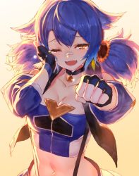 Rule 34 | 1girl, :d, bandaid, bandaid on face, bandaid on nose, black gloves, blue hair, blush, breasts, cleavage, commentary request, crop top, detached sleeves, fang, fingerless gloves, fist bump, flower, gloves, gradient background, hair flower, hair ornament, izumi sai, large breasts, looking at viewer, midriff, navel, one eye closed, open mouth, orange eyes, pov, skin fang, smile, solo, sunflower, suspenders, tears, twintails, upper body, virtual youtuber, wiping tears, yellow background