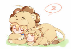 Rule 34 | 2girls, :3, ^ ^, ahoge, animal costume, animal print, artoria pendragon (all), artoria pendragon (fate), blonde hair, chibi, closed eyes, closed mouth, fate/apocrypha, fate/grand order, fate/stay night, fate (series), hair between eyes, lying, mordred (fate), mordred (fate/apocrypha), mother and daughter, multiple girls, on stomach, saber (fate), saber lion, sidelocks, sleeping, speech bubble, tiger costume, tiger print, yorukun, zzz