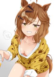 Rule 34 | +++, 1girl, absurdres, ahoge, all fours, animal ears, blush, breasts, brown hair, cleavage, collarbone, cup, downblouse, gradient background, grin, hair ornament, hairclip, highres, holding, holding cup, horse ears, horse girl, horse tail, jungle pocket (umamusume), long sleeves, looking at viewer, medium hair, notched ear, paw print, paw print pattern, ryochapu, shirt, shirt under shirt, small breasts, smile, smug, solo, speech bubble, tail, umamusume, yellow eyes, yellow shirt