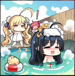 Rule 34 | !, 3girls, ahoge, arrow (symbol), azur lane, bird, black hair, blonde hair, blue sky, blush, border, breasts, chibi, chick, cleavage, closed eyes, cloud, cloudy sky, day, eldridge (azur lane), electricity, fence, hair between eyes, hair ornament, innertube, large breasts, long hair, manjuu (azur lane), motion lines, multiple girls, naked towel, no nose, nose blush, onsen, open mouth, outdoors, parted lips, partially submerged, san diego (azur lane), sky, smile, standing, steam, swim ring, taihou (azur lane), third-party edit, tomohiro (duo), towel, towel on head, twintails, very long hair, water, white towel, wooden fence