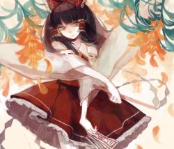 Rule 34 | 1girl, bad id, bad pixiv id, between fingers, black hair, bow, clea (geee13), crossed arms, facing viewer, flower, frilled skirt, frills, gohei, hair bow, hair tubes, hakurei reimu, holding, lace-trimmed sleeves, lace trim, leaf, long hair, looking at viewer, looking to the side, ofuda, petals, ribbon-trimmed sleeves, ribbon trim, skirt, solo, touhou, white background, wide sleeves, yellow eyes