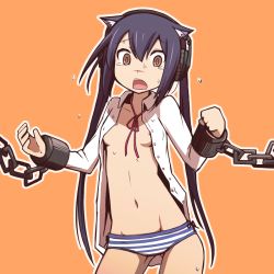 Rule 34 | 1girl, animal ears, bdsm, black hair, bondage, bound, brown eyes, chain, cuffs, dress shirt, flat chest, headphones, k-on!, kemonomimi mode, long hair, nakano azusa, navel, nipples, nns (sobchan), open clothes, open mouth, open shirt, panties, round teeth, shackles, shirt, solo, standing, striped clothes, striped panties, tears, teeth, underwear