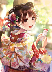 Rule 34 | 1girl, :d, back bow, blurry, blurry background, blush, bow, brown eyes, brown hair, commentary request, depth of field, floral print, flower, furisode, hair flower, hair ornament, hair rings, highres, holding, japanese clothes, kentaurosu, kimono, long sleeves, looking at viewer, looking back, matsuno chiya, open mouth, original, print kimono, red flower, red kimono, red rose, rose, short hair, smile, solo, teeth, upper body, upper teeth only, white flower, wide sleeves
