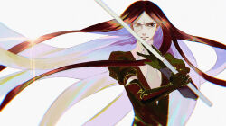 Rule 34 | 1other, angry, black gloves, blush, bort, brown hair, captian, colored inner hair, commentary, elbow gloves, frown, furrowed brow, gem uniform (houseki no kuni), glint, gloves, hands up, holding, holding sword, holding weapon, houseki no kuni, long hair, looking at viewer, multicolored hair, other focus, painting (medium), parted bangs, purple hair, simple background, solo, straight hair, sword, traditional media, upper body, very long hair, watercolor (medium), weapon, white background