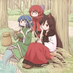 Rule 34 | 3girls, animal ears, blue eyes, blue hair, bow, brooch, brown footwear, brown hair, cloak, closed mouth, dress, drill hair, drill sidelocks, eating, fins, fishing, fishing rod, forest, full body, grass root youkai network, green kimono, hair bow, head fins, imaizumi kagerou, japanese clothes, jewelry, kimono, long hair, lowres, mermaid, monster girl, multiple girls, nature, outdoors, poronegi, purple bow, red dress, red eyes, red hair, sekibanki, short hair, sidelocks, sitting, smile, standing, sweatdrop, touhou, tree, two-tone dress, v-shaped eyebrows, wakasagihime, white dress, wolf ears