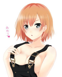 Rule 34 | 10s, 1girl, areola slip, blue eyes, breasts, brown hair, cleavage, looking at viewer, miyamori aoi, naked overalls, nonaka chikin, overalls, shirobako, simple background, solo, translated, white background