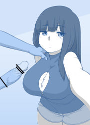 Rule 34 | 1boy, 1girl, :/, after paizuri, black hair, blue theme, blunt bangs, blush, breasts, censored, cleavage cutout, closed mouth, clothed female nude male, clothing cutout, collarbone, cum, cum on body, cum on breasts, cum on upper body, denim, denim shorts, ekz (robotekz), erection, hand on another&#039;s shoulder, highres, large breasts, long hair, looking at viewer, monochrome, mosaic censoring, nude, original, penis, pov, selfie, shirt, short shorts, shorts, sketch, sleeveless, sleeveless shirt, solo focus