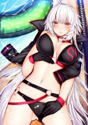 Rule 34 | 1girl, artist request, ass, bad id, bad pixiv id, bikini, bikini bottom aside, black gloves, blush, breasts, breasts apart, butt crack, check artist, clothing aside, commentary request, fate/grand order, fate (series), gloves, gluteal fold, innertube, jeanne d&#039;arc alter (swimsuit berserker) (fate), jeanne d&#039;arc (fate), jeanne d&#039;arc alter (fate), jeanne d&#039;arc alter (swimsuit berserker) (fate), katana, large breasts, long hair, looking at viewer, lying, mairudo (mildcoffee1117), navel, o-ring, o-ring bikini, on back, panties, panties aside, partially visible vulva, selfie, silly (marinkomoe), solo, swim ring, swimsuit, sword, underwear, weapon, white hair, yellow eyes