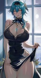 Rule 34 | 1girl, absurdres, bare shoulders, black dress, black hairband, black headband, blue hair, blush, breasts, celyn404, cleavage, clothes lift, covered navel, dress, eula (genshin impact), genshin impact, hairband, headband, highres, large breasts, licking lips, medium hair, skirt, skirt lift, solo, spaghetti strap, thick thighs, thighs, tongue, tongue out, window, yellow eyes