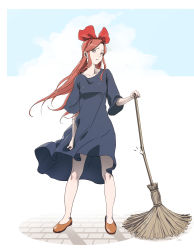 Rule 34 | 1girl, bamboo broom, blue dress, blue sky, bow, brick road, broken broom, broom, brown eyes, clenched hands, cloud, collarbone, commentary request, cosplay, day, disgust, dress, dress grab, full body, hair bow, hair intakes, highres, huge bow, idolmaster, idolmaster cinderella girls, kiki (majo no takkyuubin), kiki (majo no takkyuubin) (cosplay), legs, long hair, looking at viewer, majo no takkyuubin, orange hair, outdoors, red bow, red footwear, sidelocks, signature, sky, solo, very long hair, watanukin (etson122127), zaizen tokiko