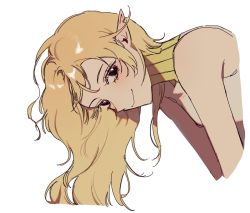 Rule 34 | 1girl, bad id, bad twitter id, bent over, blonde hair, closed mouth, dungeon meshi, fleki, long hair, looking at viewer, notched ear, pointy ears, red eyes, simple background, smile, solo, white background, yp (pypy 5 )