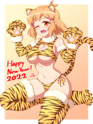 Rule 34 | 1girl, 2022, animal ears, animal hands, animal print, bikini, blush, breasts, chinese zodiac, cleavage, cleavage cutout, clothing cutout, hair ornament, hairclip, happy new year, heart cutout, large breasts, looking at viewer, navel, new year, one eye closed, open mouth, senki zesshou symphogear, short hair, side-tie bikini bottom, smile, solo, swimsuit, tachibana hibiki (symphogear), tail, thighhighs, tiger ears, tiger paws, tiger print, tiger stripes, tiger tail, underboob, year of the tiger, zetsumu