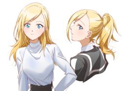 Rule 34 | 1girl, alternate hairstyle, atlus, blonde hair, blue eyes, blush, breasts, closed mouth, eyebrows hidden by hair, facing viewer, hair down, hand on own hip, high ponytail, lisa silverman, long hair, looking at viewer, looking back, looking over shoulder, medium breasts, moriha, parted lips, persona, persona 2, ponytail, school uniform, serafuku, seven sisters high school uniform, shirt, simple background, solo, sweater, upper body, white background, white shirt