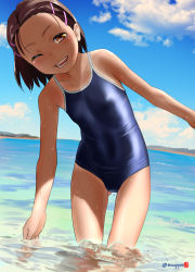 Rule 34 | 1girl, bare arms, bare shoulders, blush, brown eyes, brown hair, collarbone, competition school swimsuit, covered navel, day, gluteal fold, hair ornament, hairclip, highres, looking at viewer, mu-pyon, ocean, one-piece swimsuit, one-piece tan, one eye closed, open mouth, original, outdoors, school swimsuit, short hair, smile, solo, swimsuit, tan, tanline, twitter username, wading, water, water drop, wet
