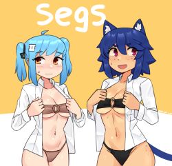 Rule 34 | 2girls, absurdres, animal ears, artist request, bikini, black bikini, blue hair, breasts, brown bikini, brown eyes, cat ears, cat tail, character request, cleavage, highres, large breasts, legs, multiple girls, navel, navel piercing, o-ring, o-ring bikini, o-ring top, open clothes, open mouth, open shirt, piercing, purple eyes, short hair, smile, swimsuit, tail, thighs, twintails, underboob
