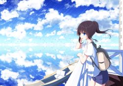 Rule 34 | 1girl, ;d, a.a (aa772), animal, arm support, backpack, bag, balcony, bird, blue eyes, blue shorts, blue sky, brown hair, cloud, cloudy sky, commentary request, day, gondola, hair between eyes, hakama-chan (aa), high ponytail, highres, long hair, oar, one eye closed, open mouth, original, outdoors, ponytail, railing, reflection, salar de uyuni, shirt, short shorts, short sleeves, shorts, sidelocks, sky, smile, solo, white shirt
