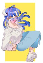 Rule 34 | 1girl, ahoge, blue hair, blue skirt, collared shirt, covered mouth, curled horns, dinosaur girl, horns, long hair, mask, mouth mask, multicolored hair, one piece, pink-tinted eyewear, pink eyes, pink hair, pink mask, raine (acke2445), shirt, shirt tucked in, skirt, solo, streaked hair, sunglasses, tinted eyewear, ulti (one piece), white shirt